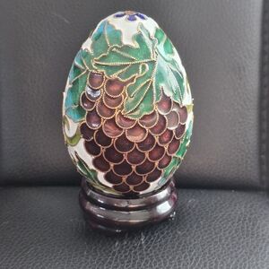 Vintage Cloisonné Enamel Egg with Grape and Leaf Design – with Stand